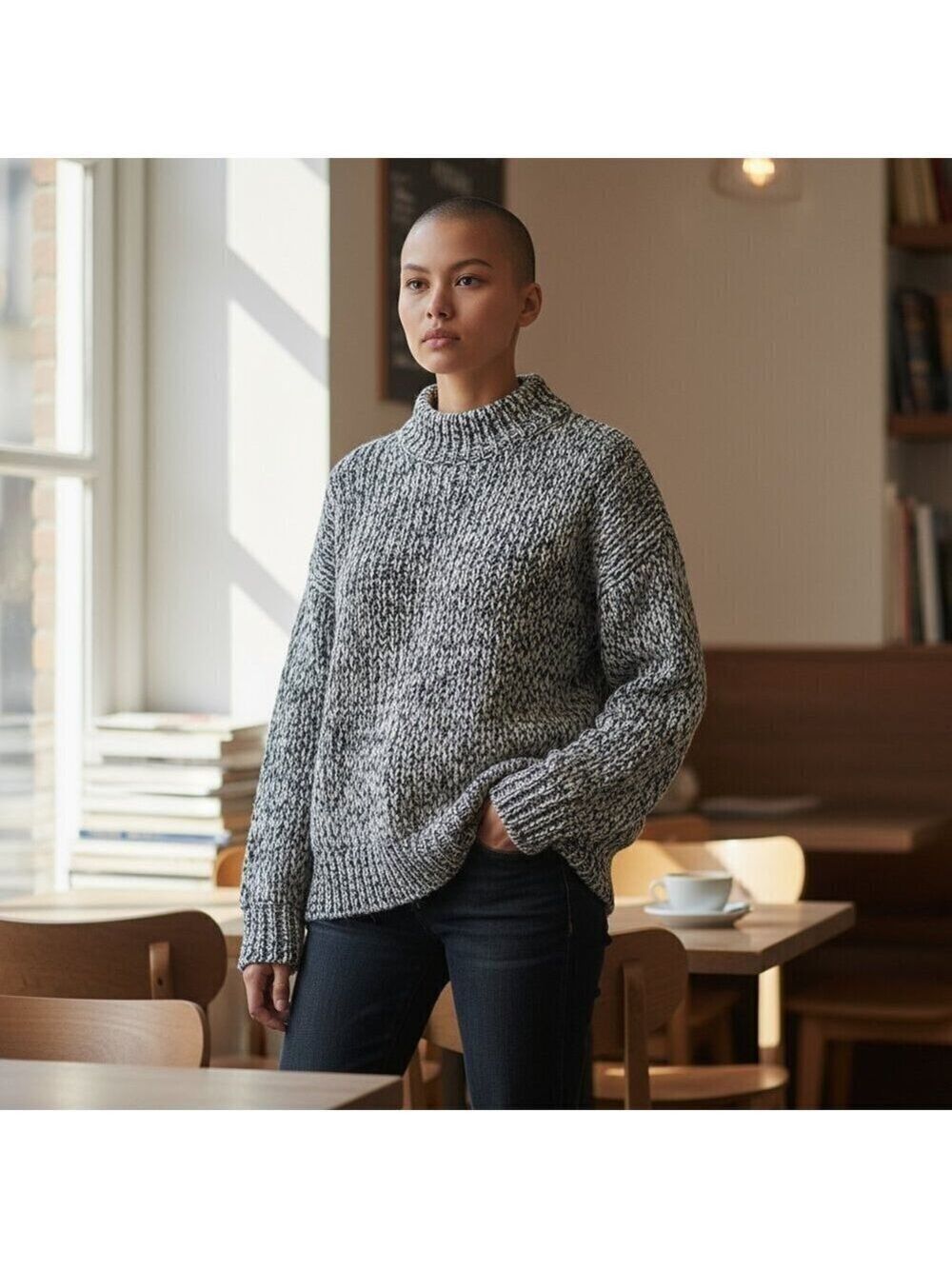 Samsoe Samsoe Extra Thick Grey & Cream Knit Crew Neck Sweater Size S